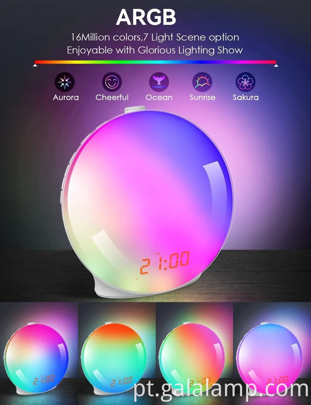 Despertador de manhã radiante com rádio FM e luz noturna suave